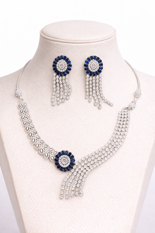 Blue Sapphire American Diamond Necklace Set for Women | Silver Plated CZ Bridal, Wedding & Party Wear Jewelry with Matching Earrings