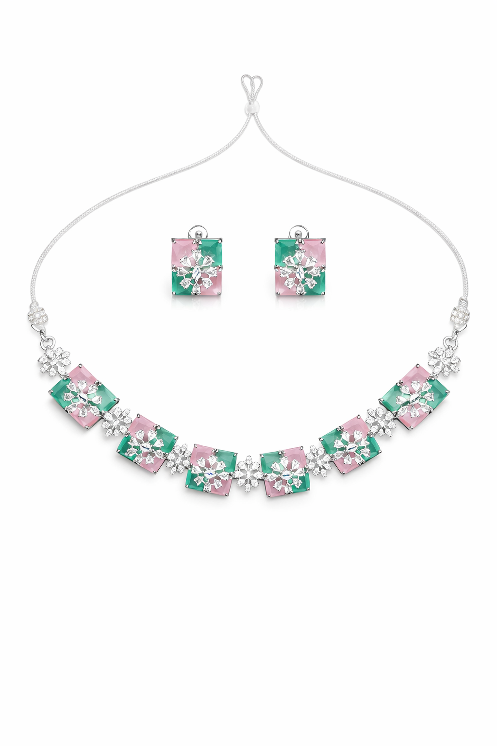 Pastel Geometric Necklace Set with Square Stud Earrings