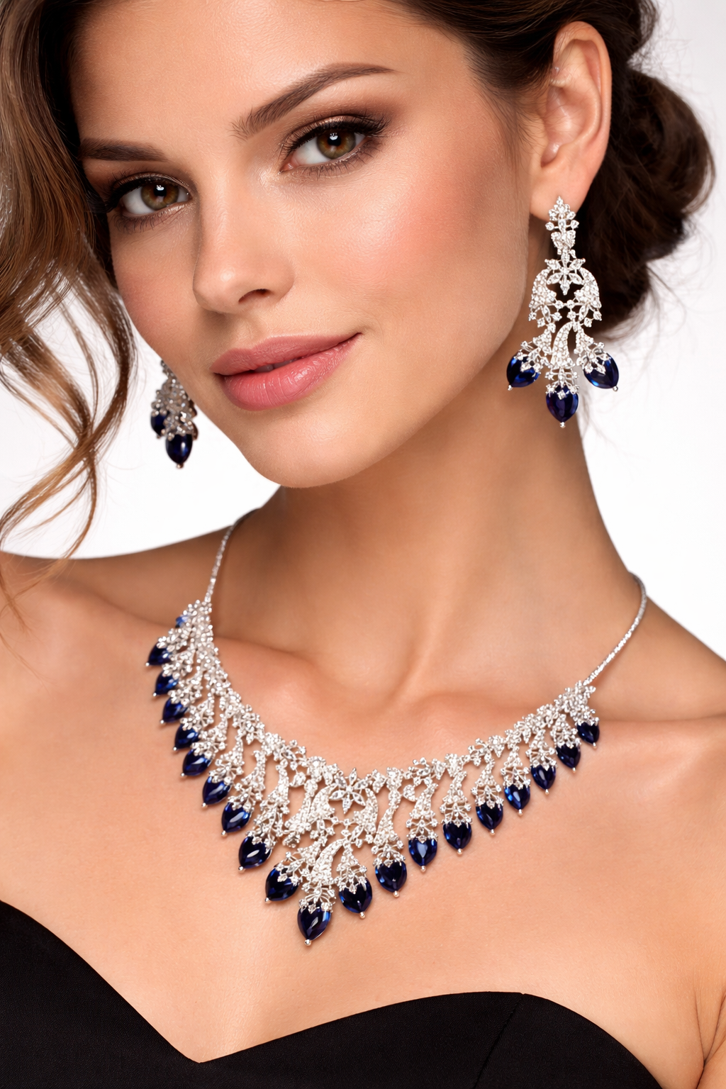 Elegant Silver Necklace Set with Blue Teardrop Stones