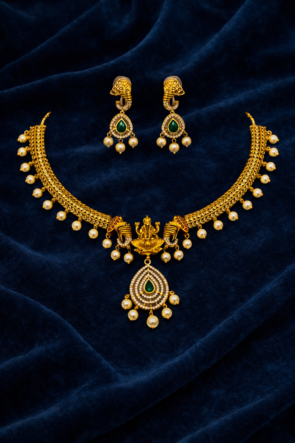 Antique Ganesh Temple Necklace Set with Green Stone Pendant