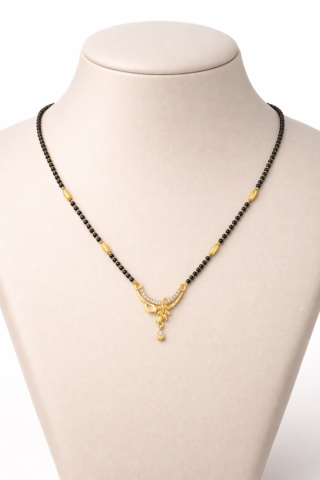 Gold-Plated Curved Designer Mangalsutra with American Diamond Drop Pendant for Women