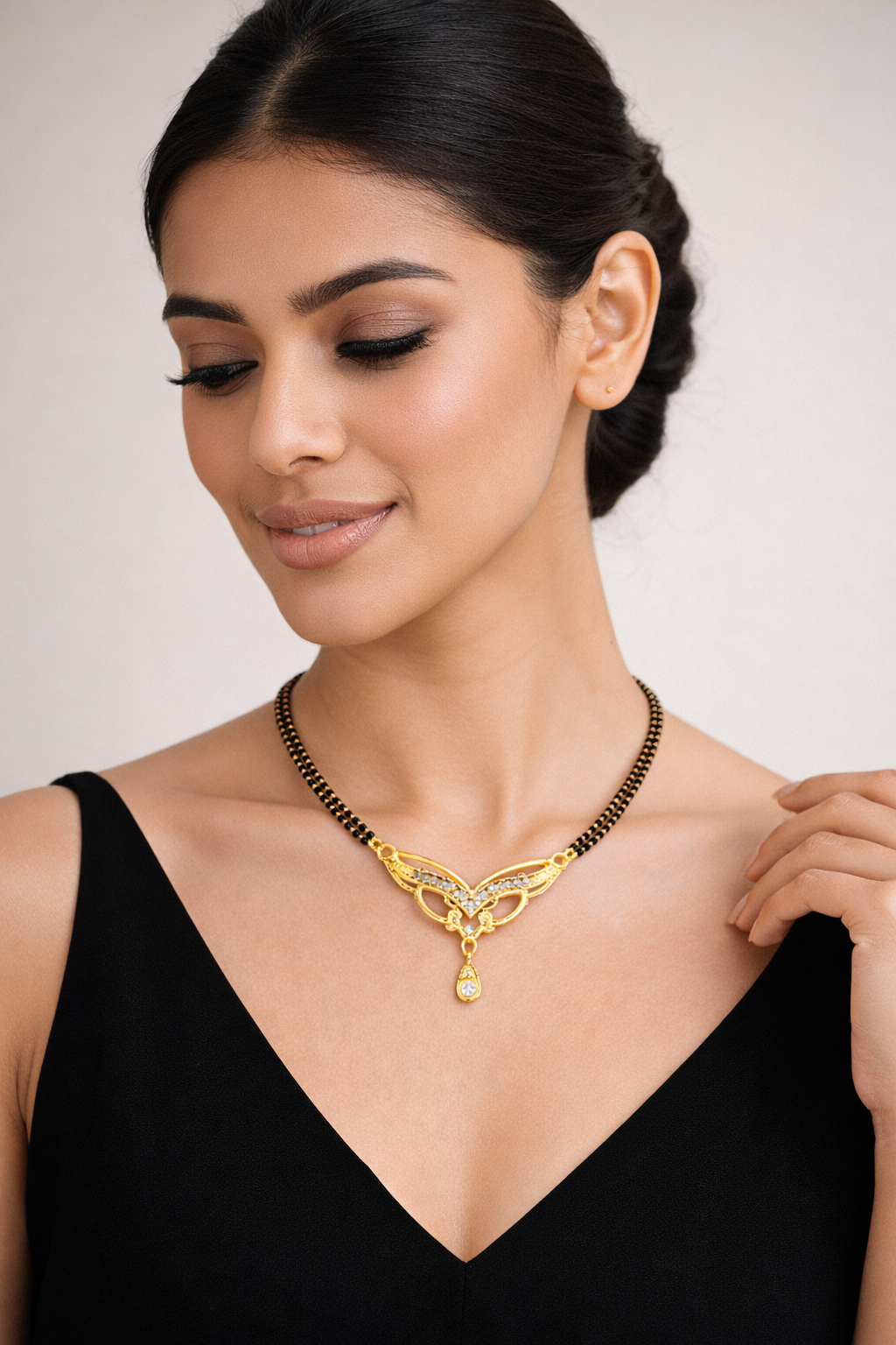 Gold-Plated CZ Mangalsutra with Elegant Leaf Design Pendant for Women