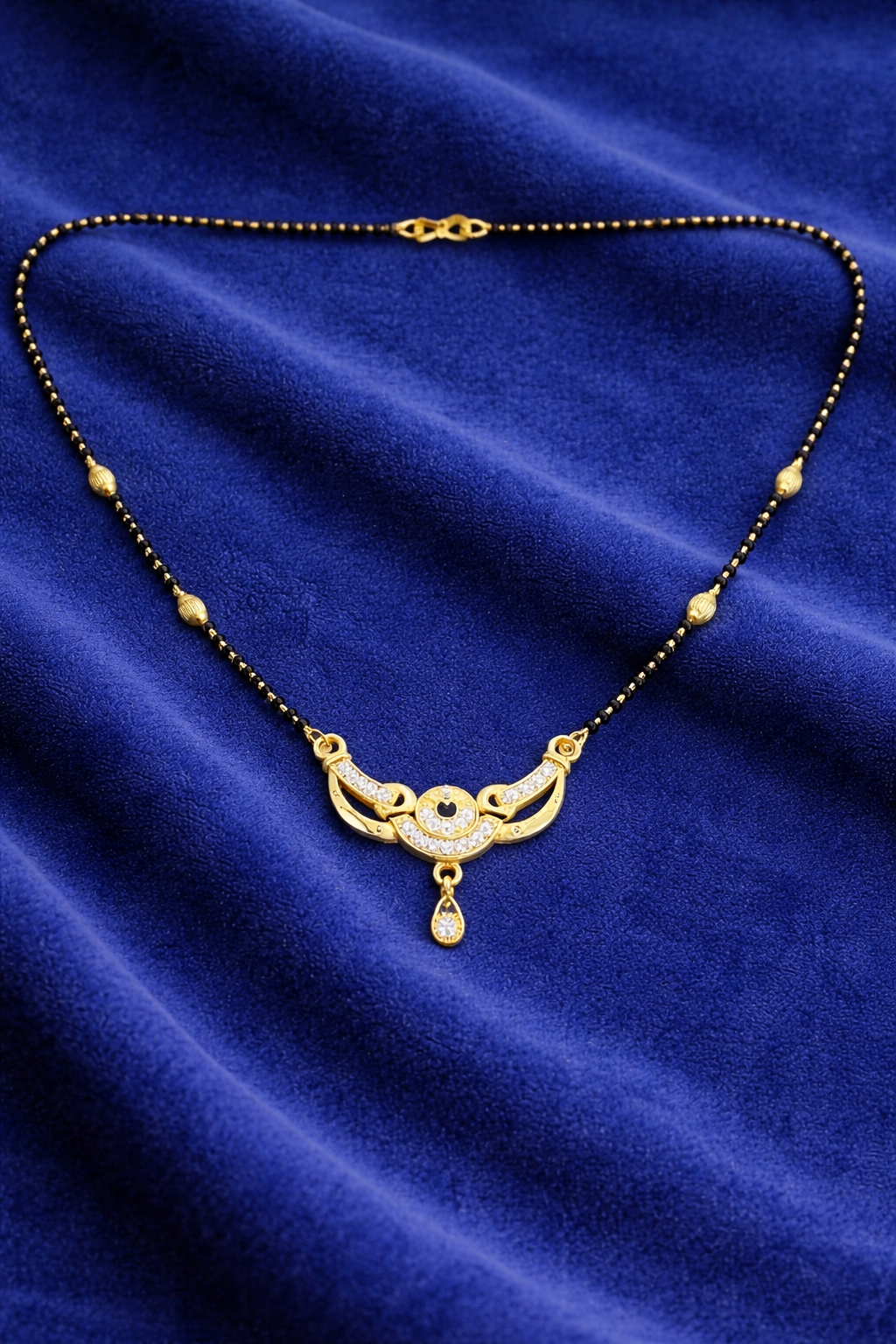 Gold-Plated CZ Mangalsutra with Black Stone Center & Teardrop Pendant for Women