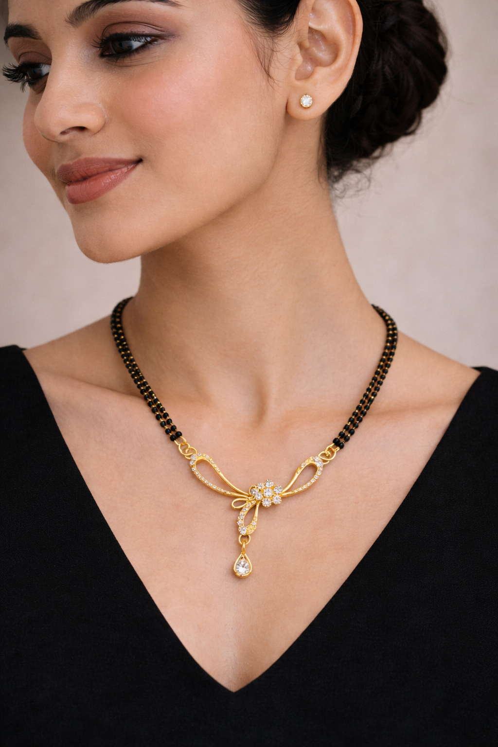 Gold-Plated Double Chain CZ Floral Mangalsutra with Teardrop Pendant for Women