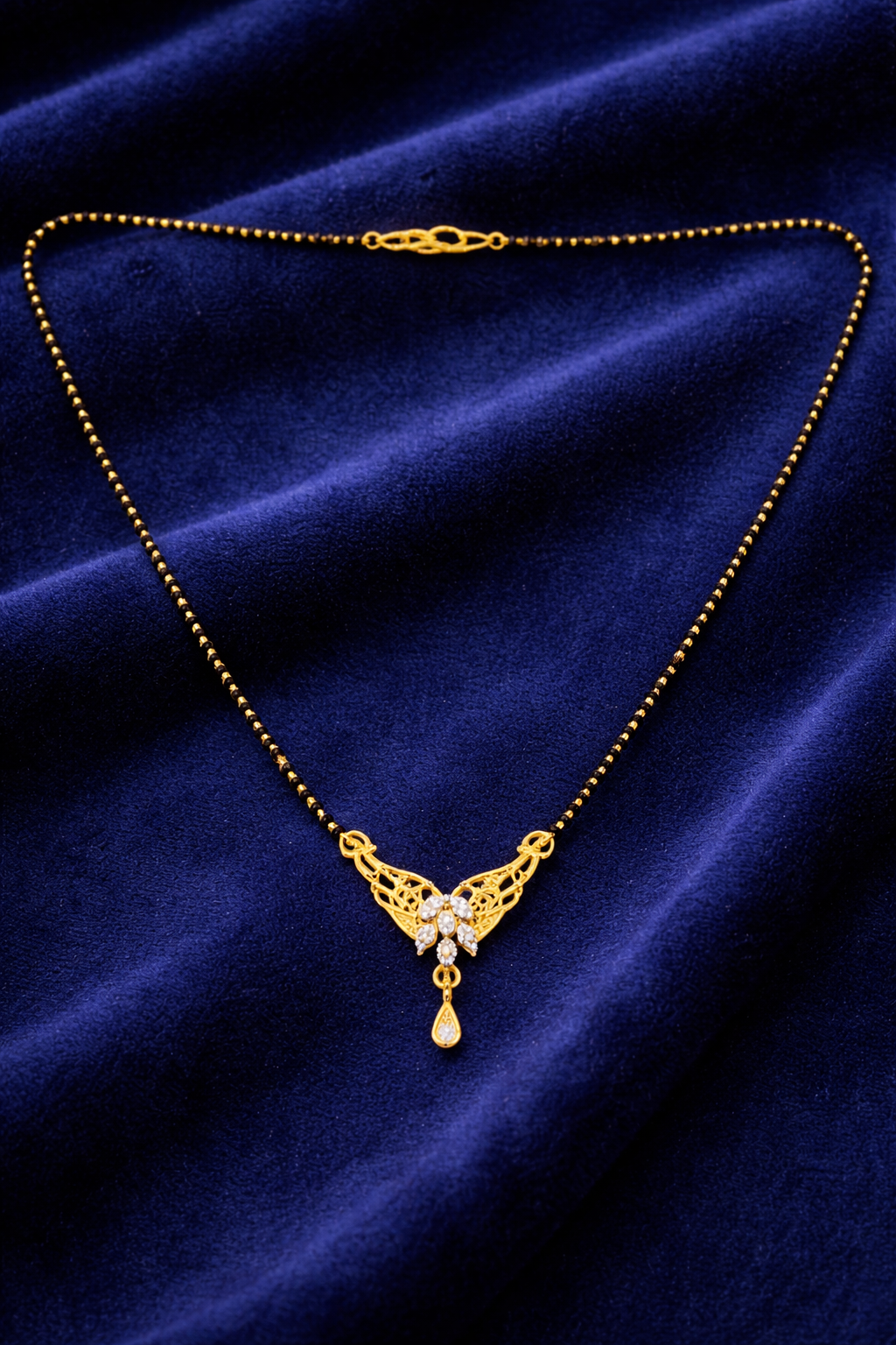 Gold-Plated CZ Floral Mangalsutra with Filigree Pendant and Teardrop Charm for Women