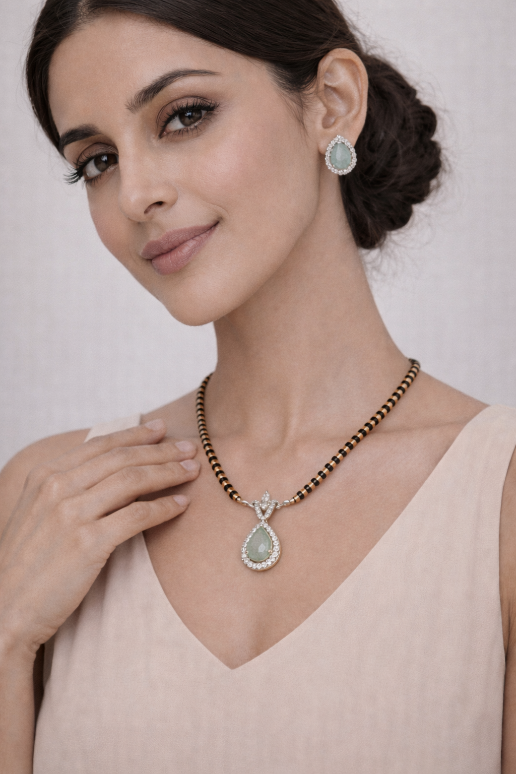 Elegant Green Stone AD Mangalsutra Set with Matching Earrings for Women