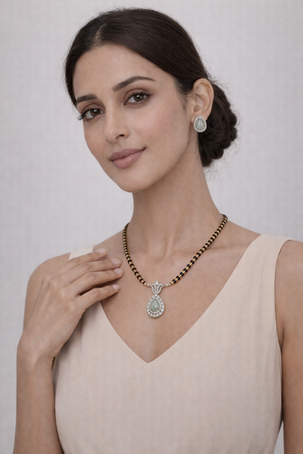 Elegant Green Stone AD Mangalsutra Set with Matching Earrings for Women