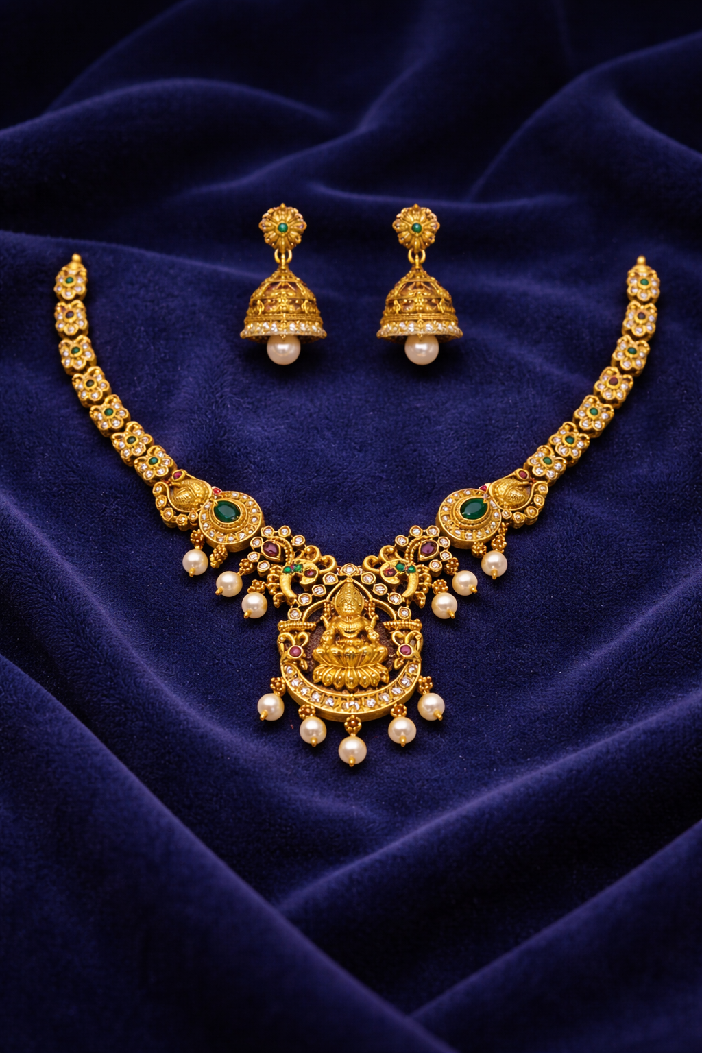 Traditional Antique Gold-Plated Lakshmi Temple Necklace Set with Jhumka Earrings | Green & Ruby Stone Bridal Jewellery | South Indian Wedding Jewellery for Women