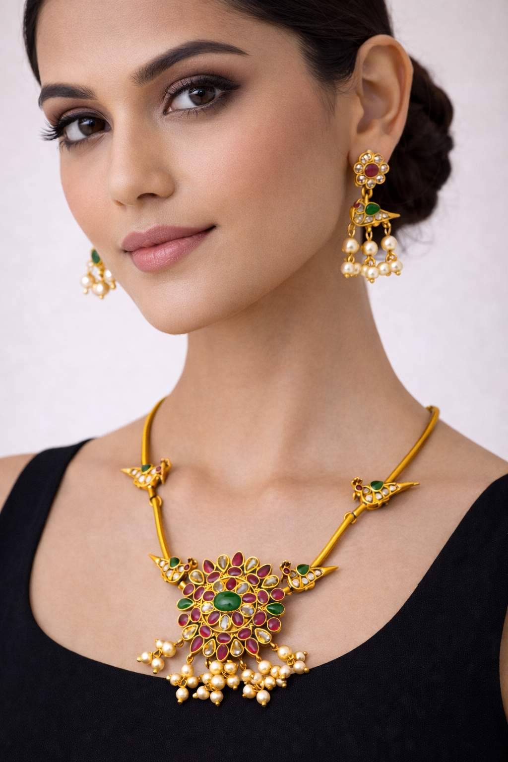 Antique Gold Necklace Set with Pink Green Stone Floral Pendant