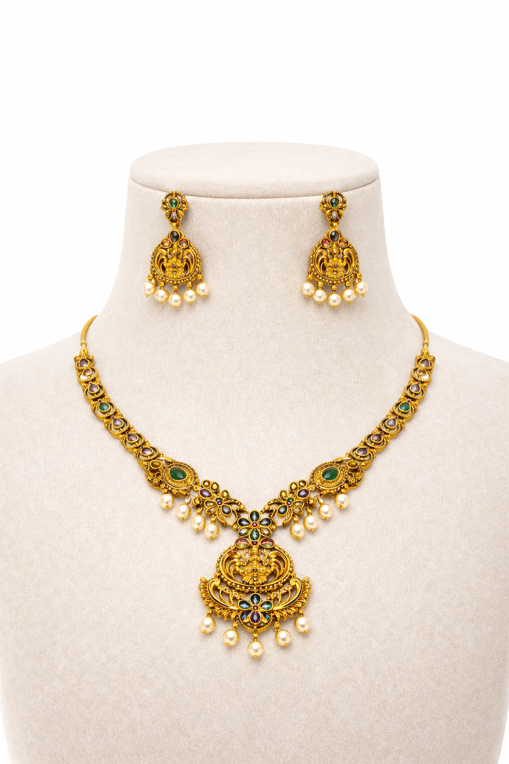Traditional Coin Design Necklace Set with Pearl Drops