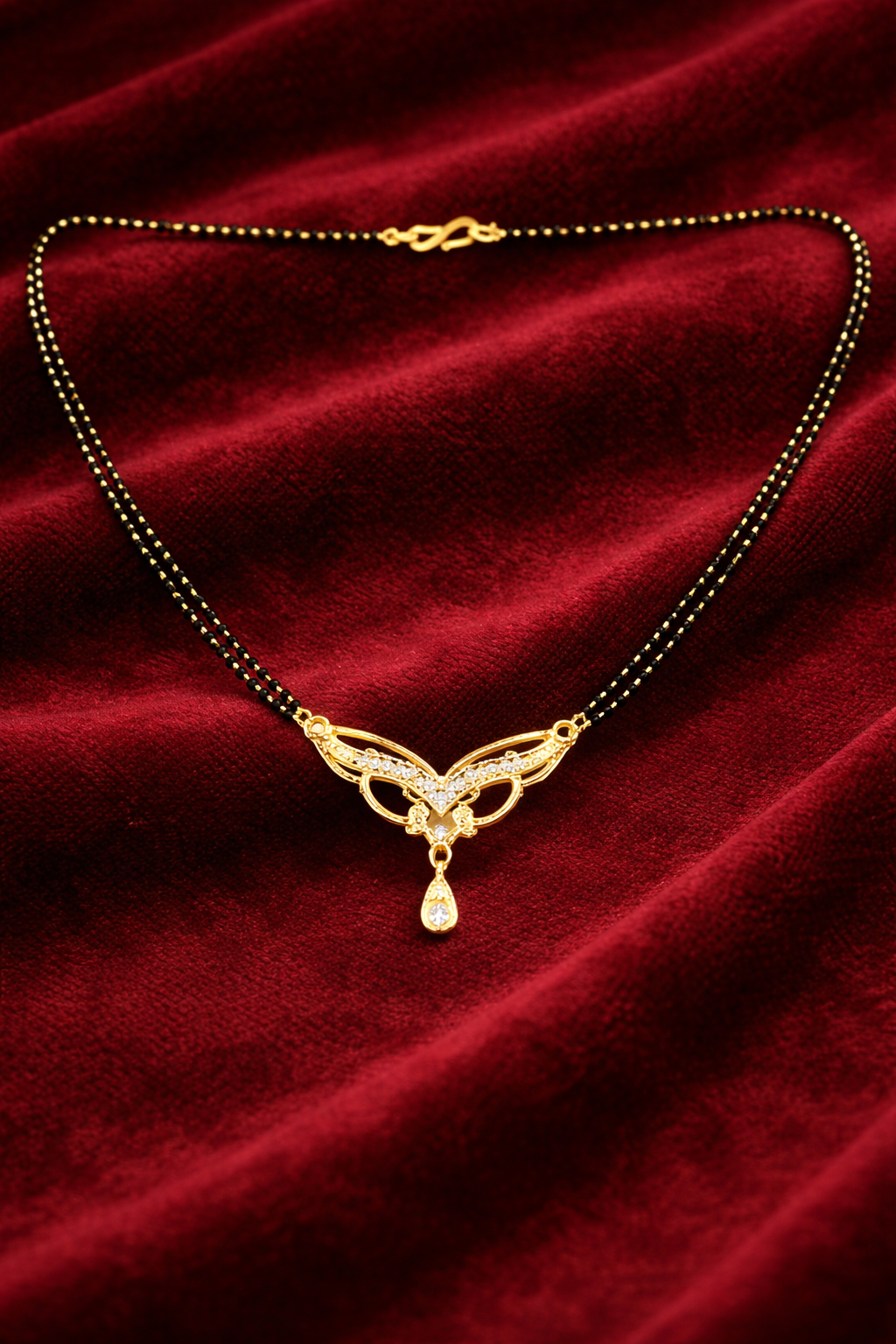 Gold-Plated CZ Mangalsutra with Elegant Leaf Design Pendant for Women