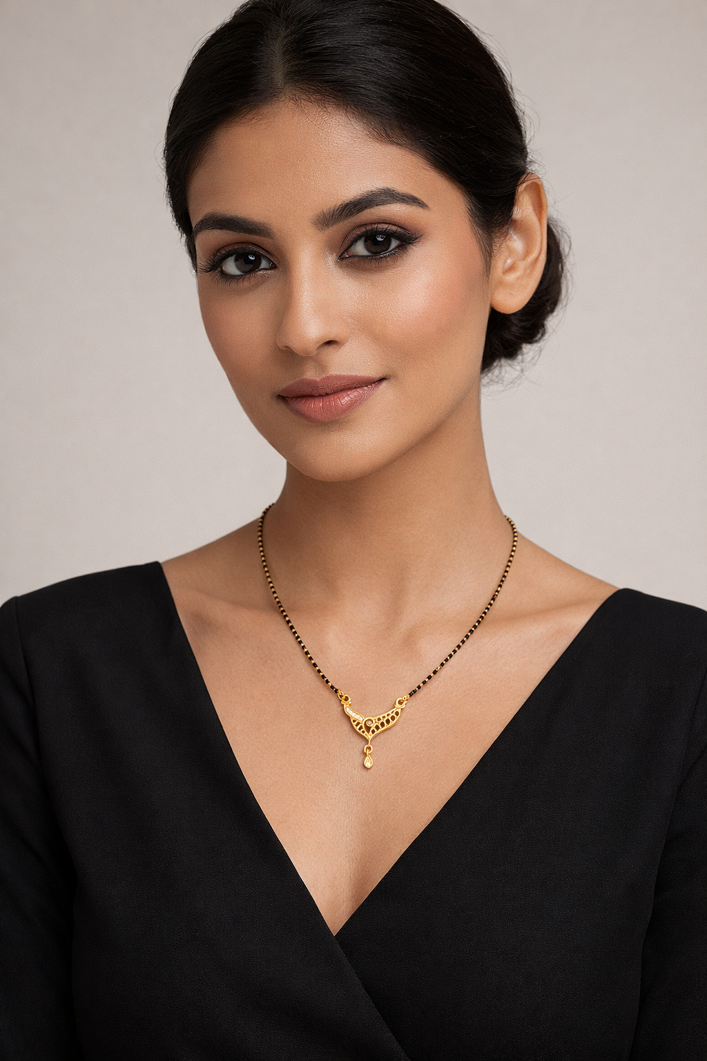 Gold-Plated Black Enamel Mangalsutra with Elegant V-Shape Pendant for Women