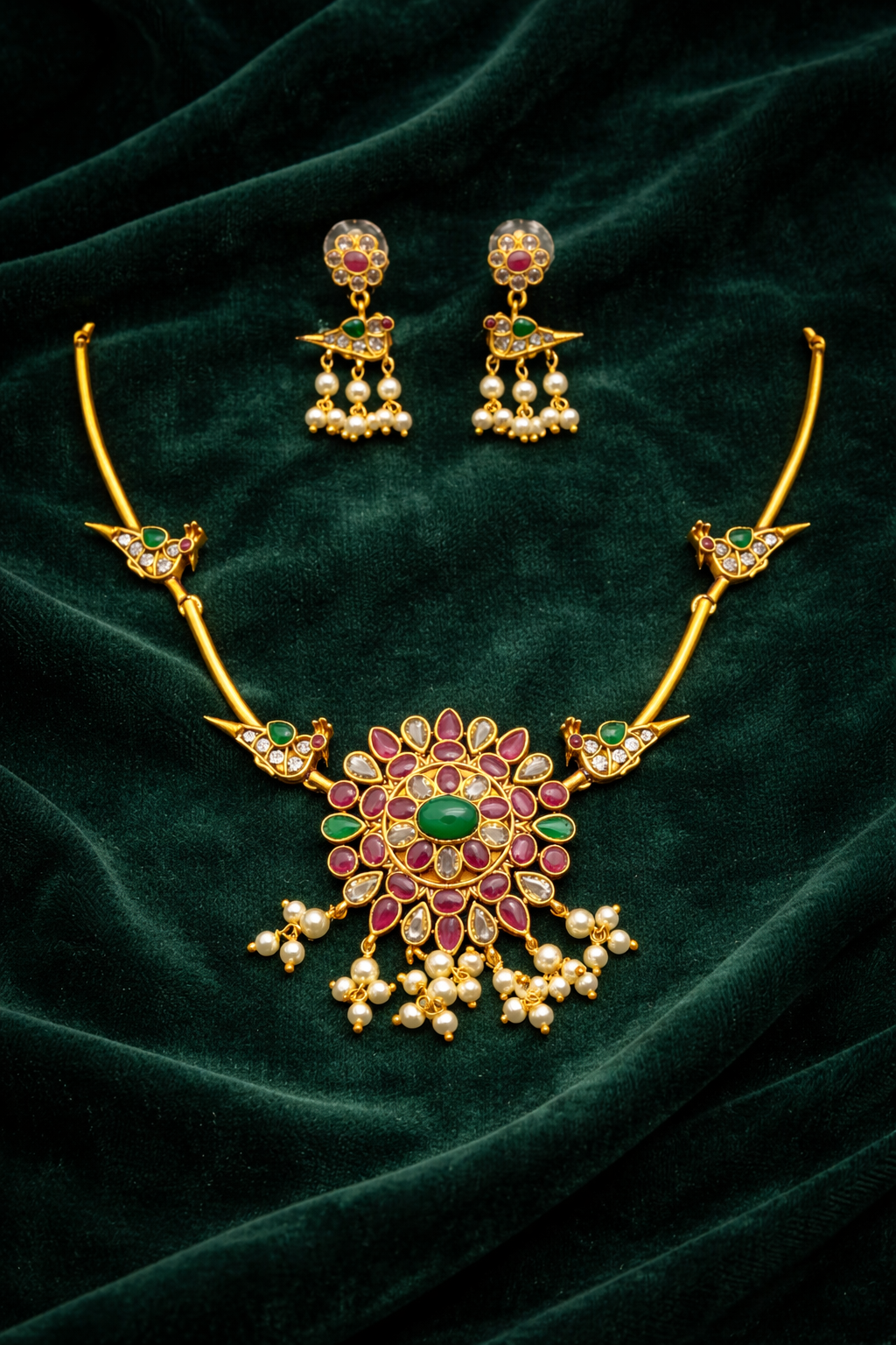 Antique Gold Necklace Set with Pink Green Stone Floral Pendant