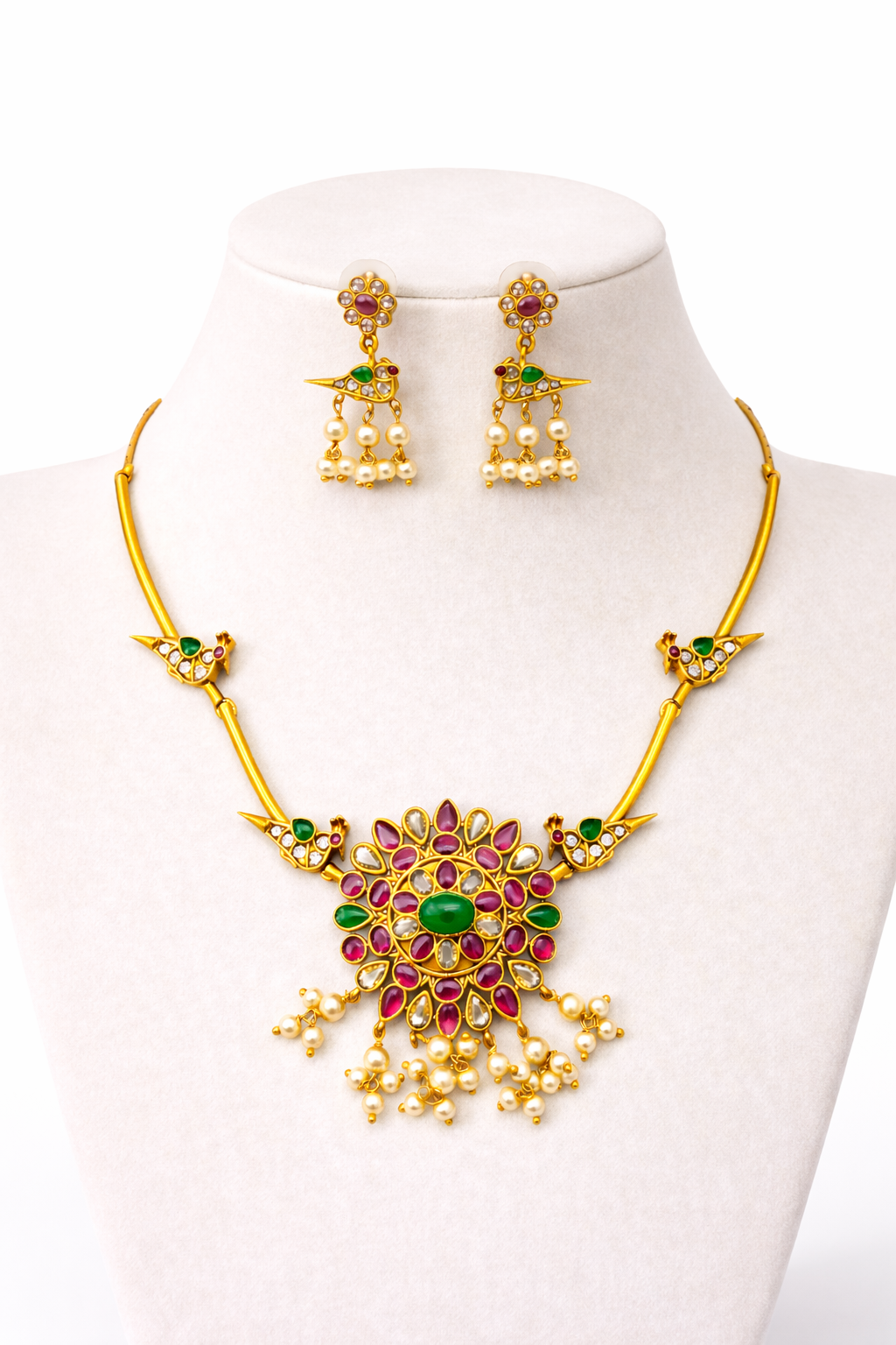 Antique Gold Necklace Set with Pink Green Stone Floral Pendant