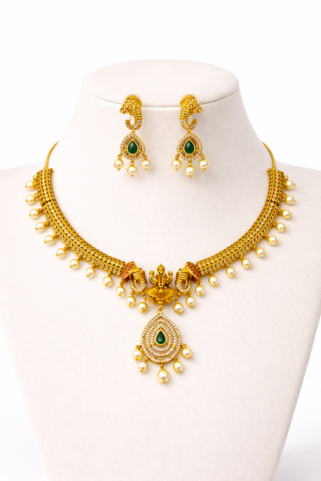 Antique Ganesh Temple Necklace Set with Green Stone Pendant