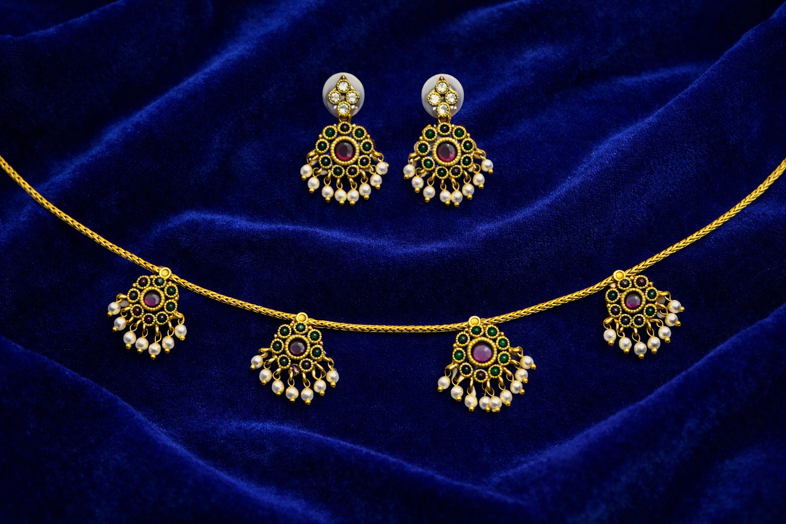 Traditional Gold Chain Necklace Set with Multicolor Motifs