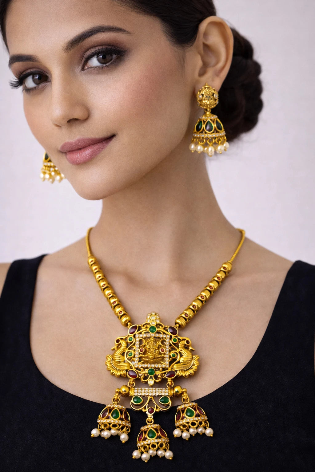Antique Gold Temple Necklace Set with Jhumka Earrings