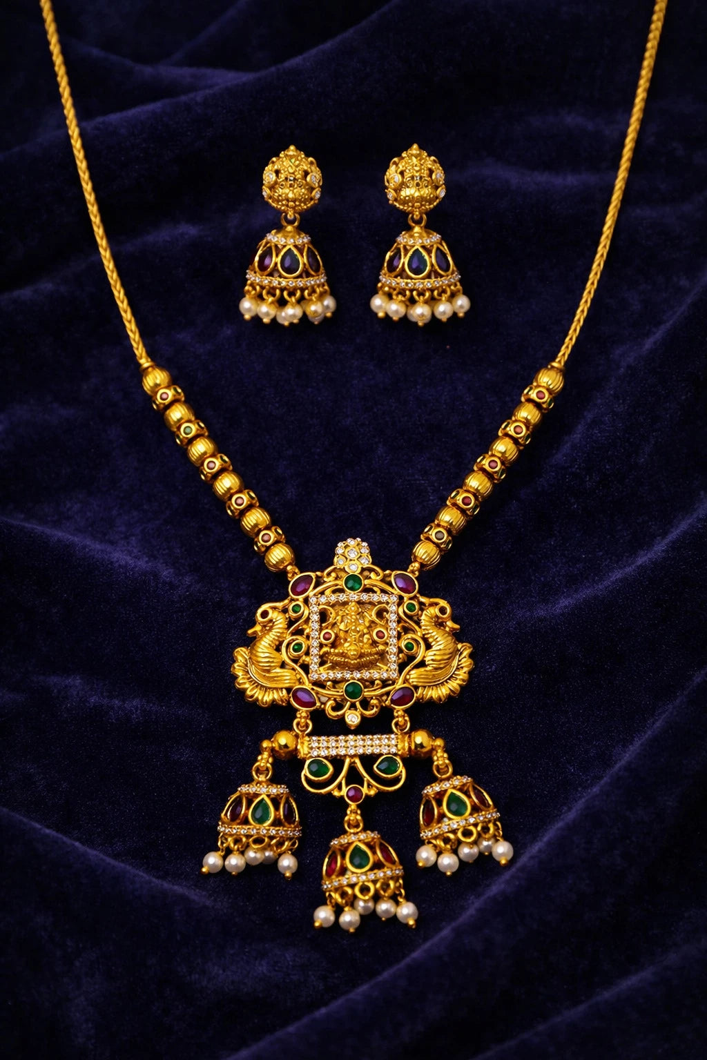 Antique Gold Temple Necklace Set with Jhumka Earrings
