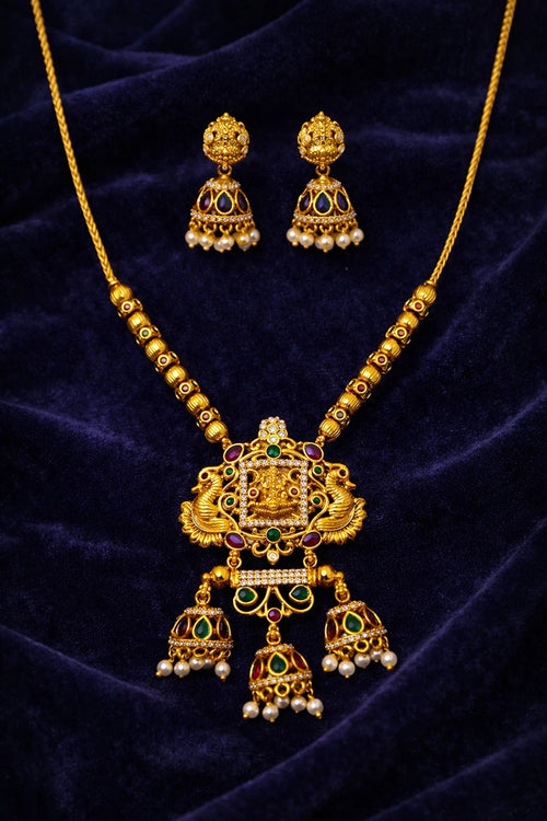 Antique Gold Temple Necklace Set with Jhumka Earrings