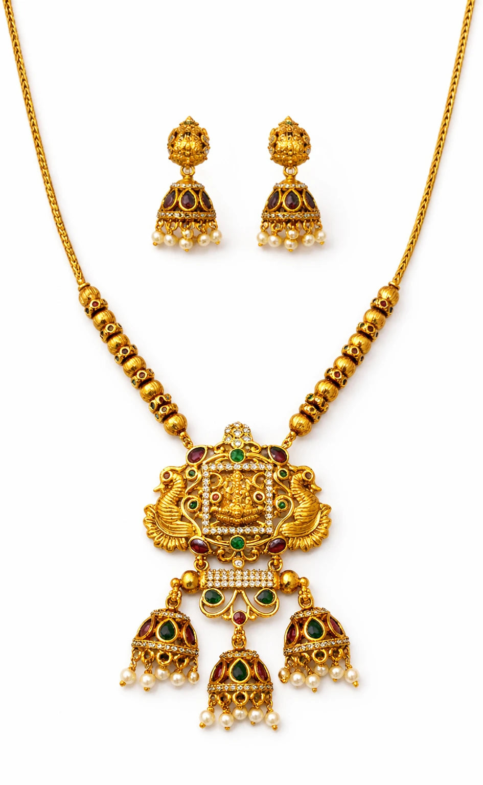 Antique Gold Temple Necklace Set with Jhumka Earrings
