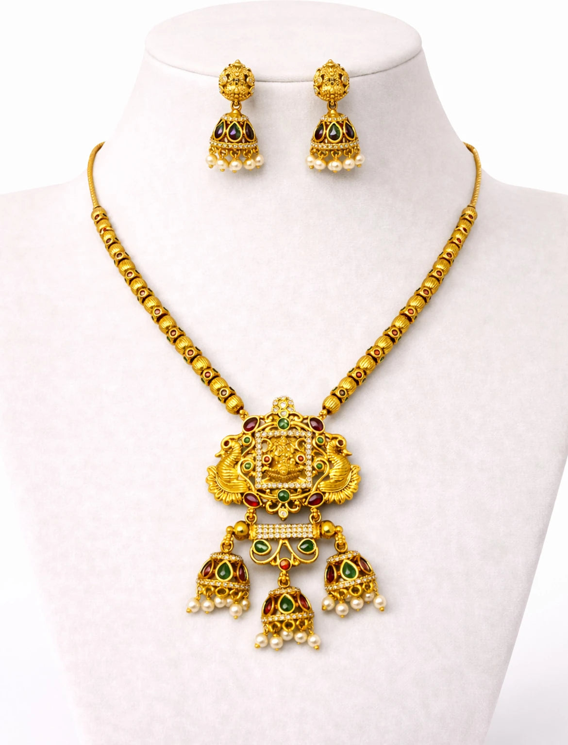 Antique Gold Temple Necklace Set with Jhumka Earrings