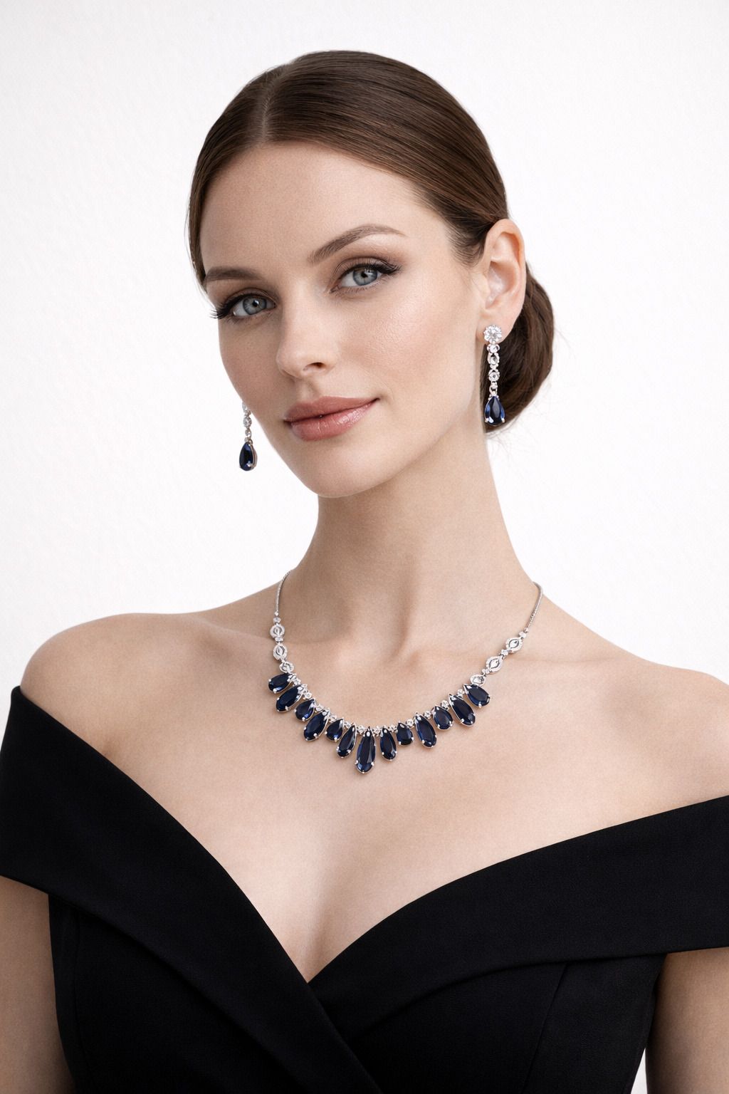 Royal Blue Teardrop Stone Necklace Set with Long Earrings