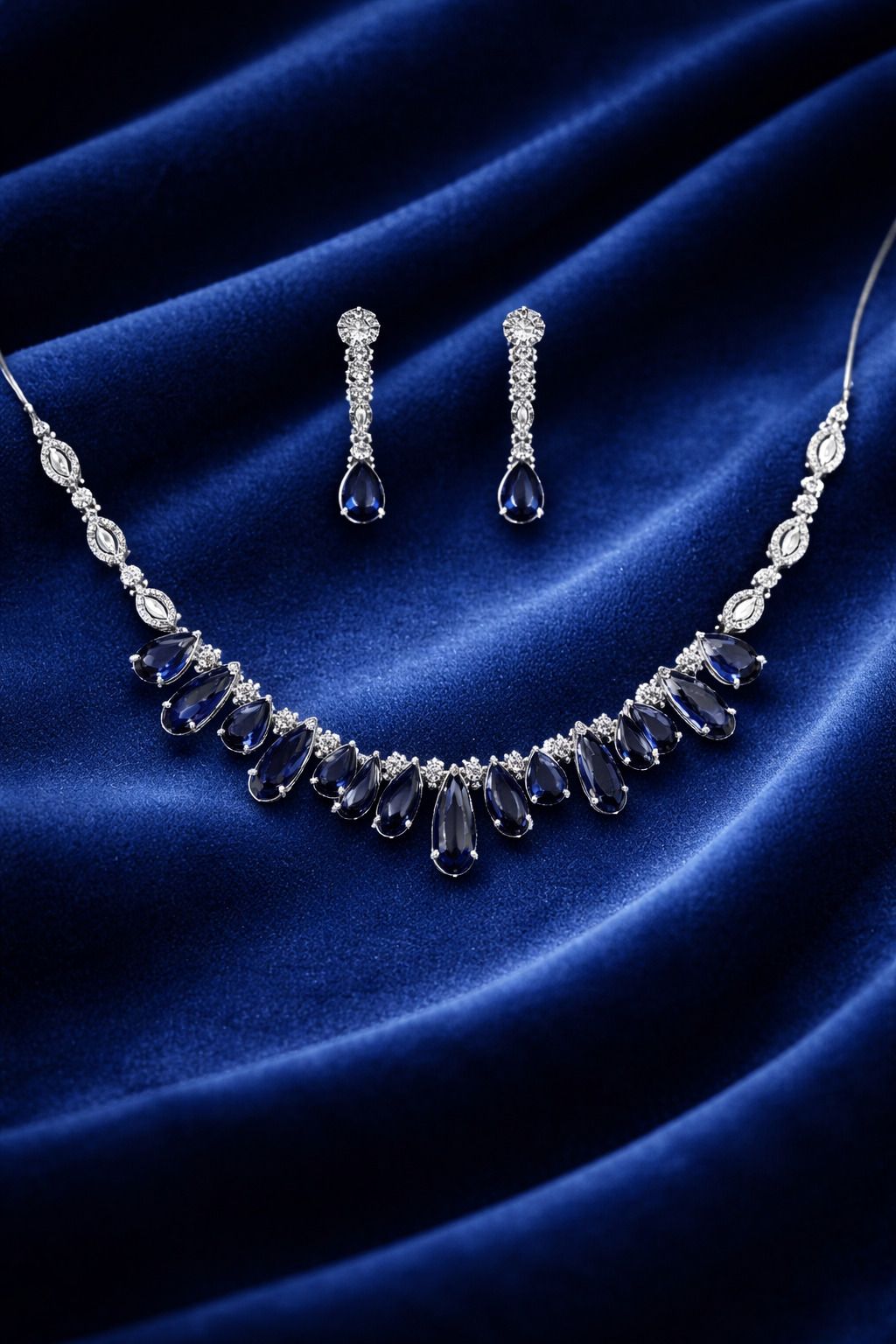 Royal Blue Teardrop Stone Necklace Set with Long Earrings