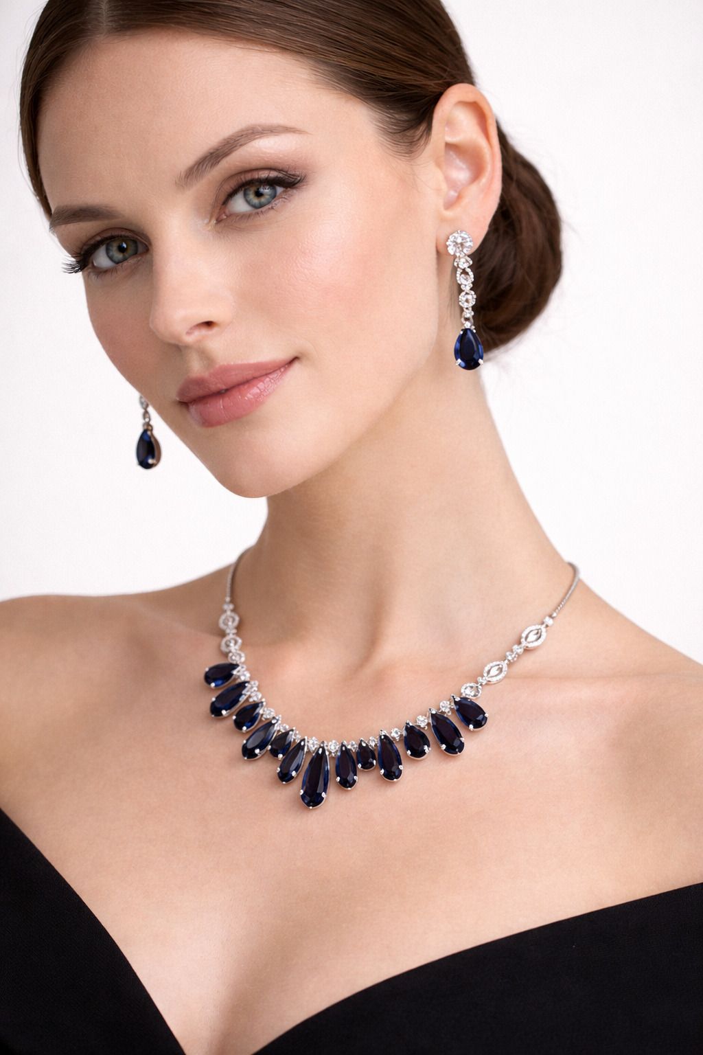 Royal Blue Teardrop Stone Necklace Set with Long Earrings