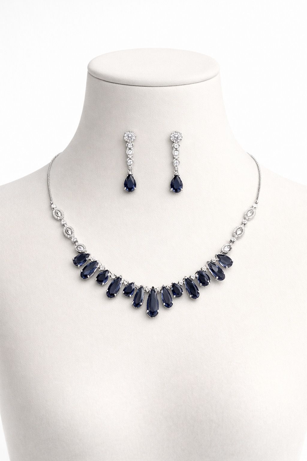 Royal Blue Teardrop Stone Necklace Set with Long Earrings