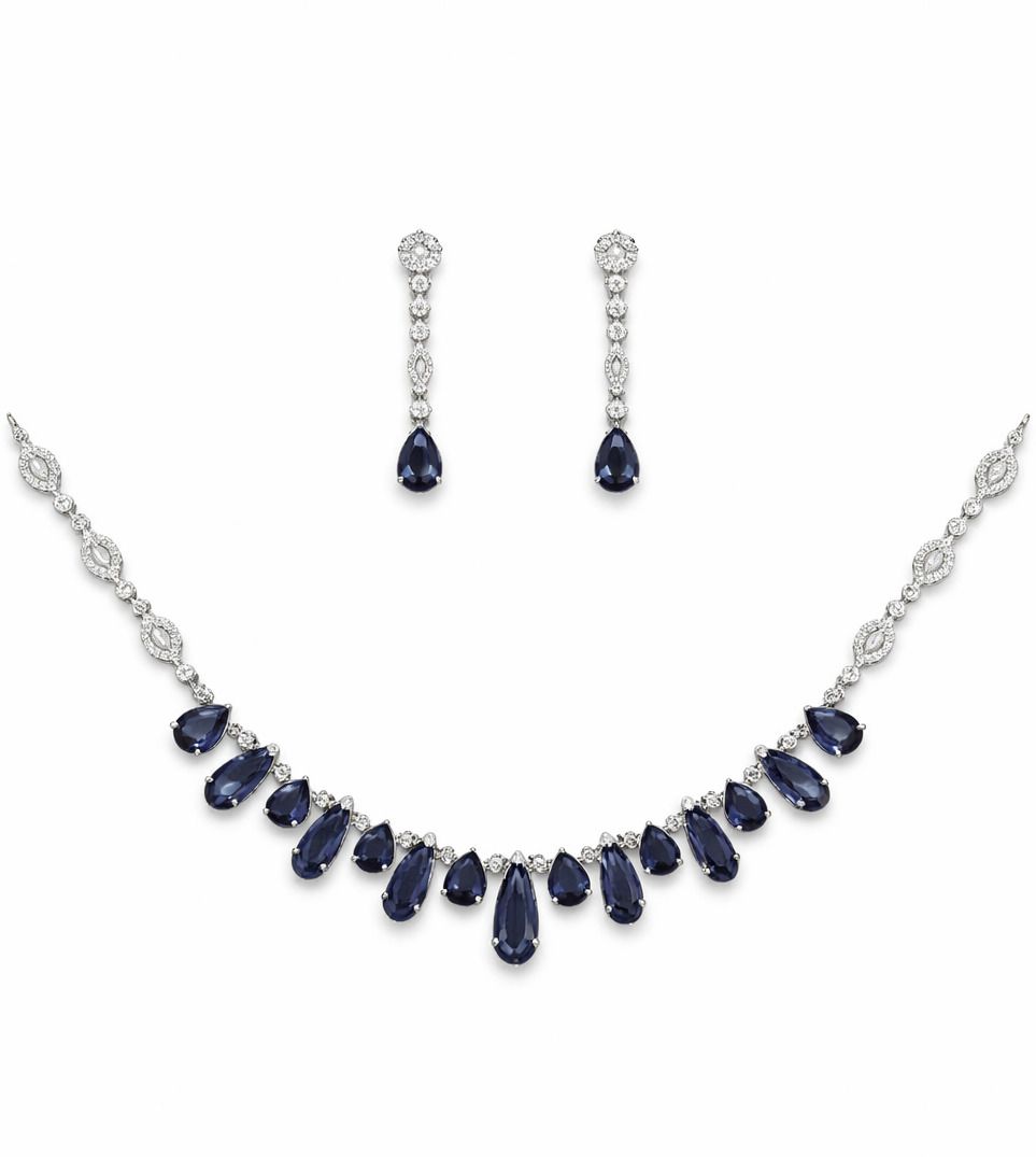 Royal Blue Teardrop Stone Necklace Set with Long Earrings