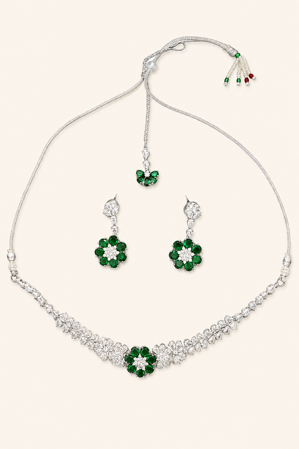 Elegant Green Floral Stone Necklace Set with Earrings